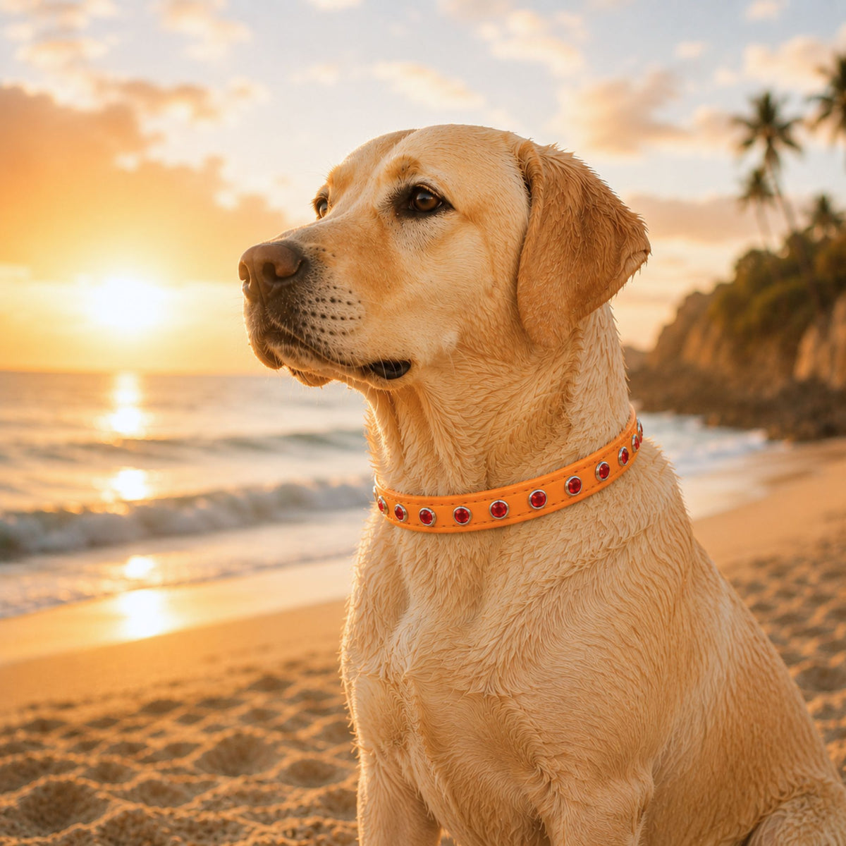 Sunset Orange with Red Jewels Dog Collar